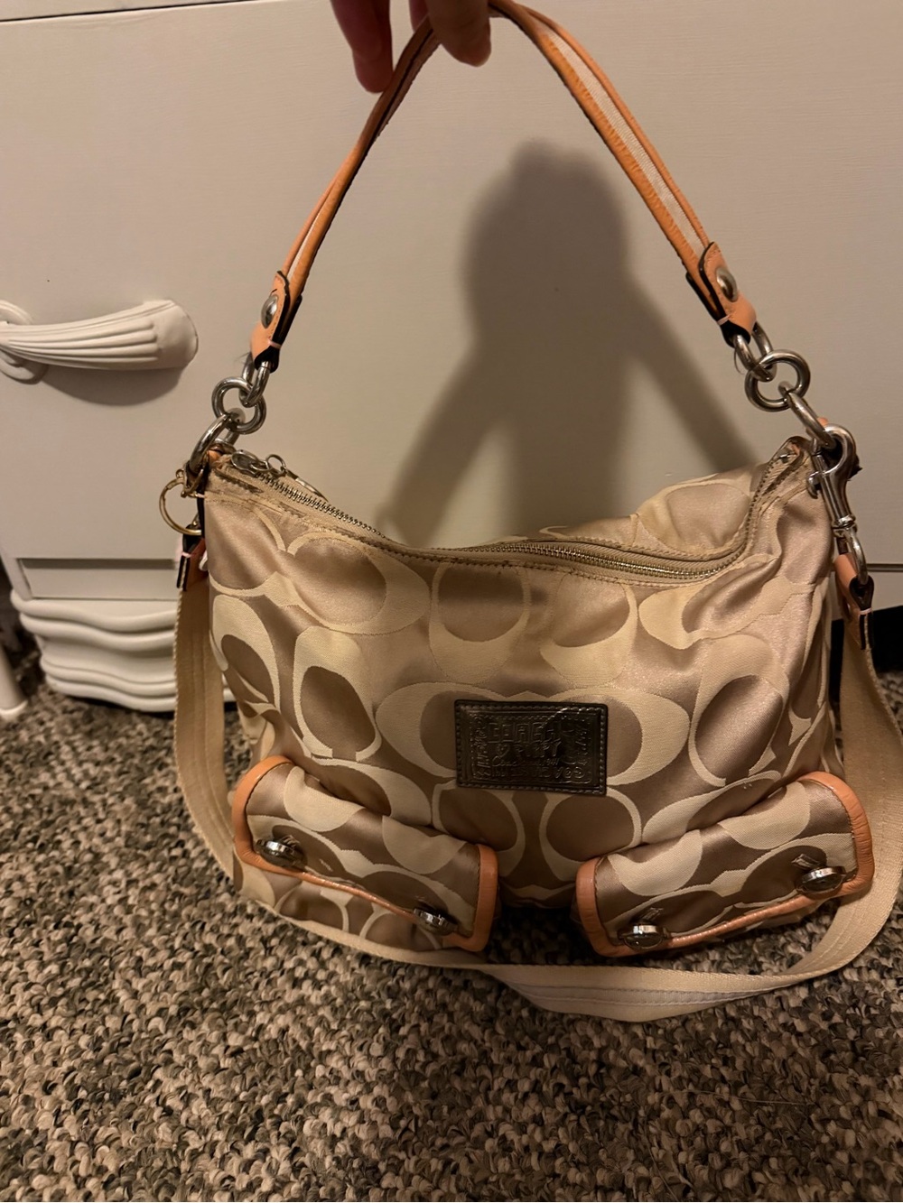 Coach Beige Signature Canvas Shoulder Bag with Tan Trim